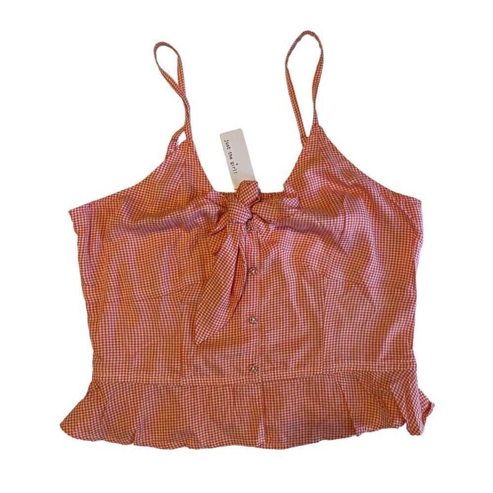 NWT‎ just the girl! Women Size XL Orange Gingham Adjustable Strap Smocked Blouse